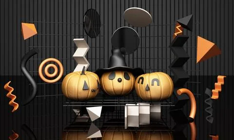 Halloween Pumpkins with geometric design pattern in black colour 3d rendering Illustrazione stock