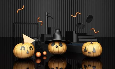 Halloween Pumpkins with geometric design pattern in black colour 3d rendering Illustrazione stock
