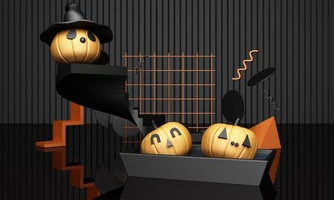 Halloween Pumpkins with geometric design pattern in black colour 3d rendering Stock Illustration