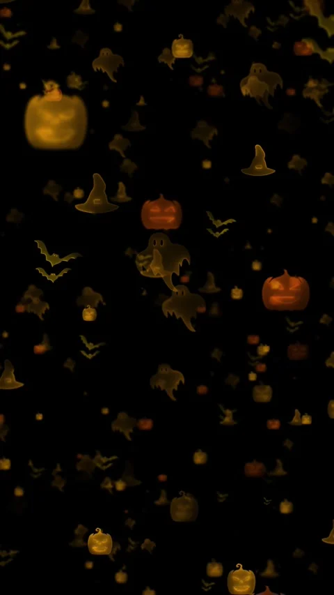 Halloween pumpkins ghosts dark floating bats, witch hats, glowing orange icons, Stock Footage 340576526