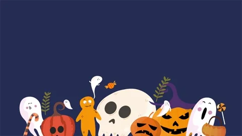 Halloween pumpkins ghosts skulls decoration cartoon style dark background Stock Footage 317748931