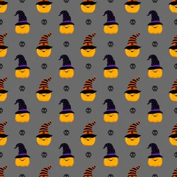 Halloween pumpkins in hats pattern. Vector in cartoon style. Kawaii. Stock Illustration