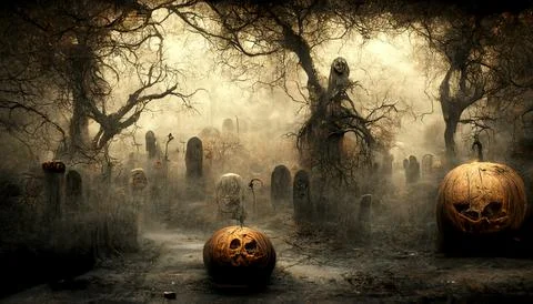 Halloween Pumpkins in a haunted ghost graveyard Stock Illustration