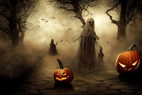 Halloween Pumpkins in a haunted ghost graveyard forest Stock Illustration