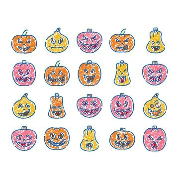 Halloween pumpkins with jack o lantern faces drawn in scribble style Stock Illustration