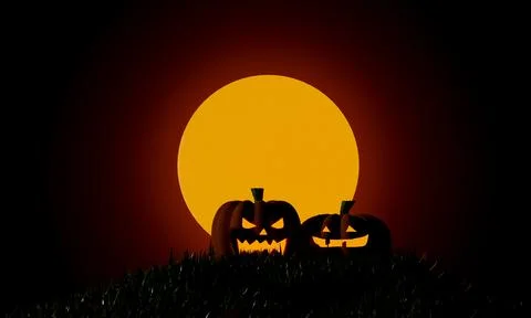 Halloween pumpkins at moonlight spooky night. trick or treat party. 3D render Stock Illustration