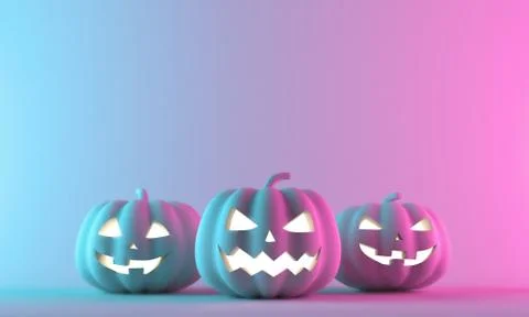 Halloween pumpkins on neon gradient background with space for text. 3D Render Illustrazione stock