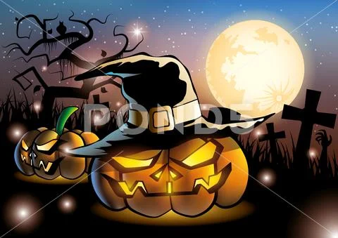 Halloween pumpkins on night fullmoon Stock Illustration
