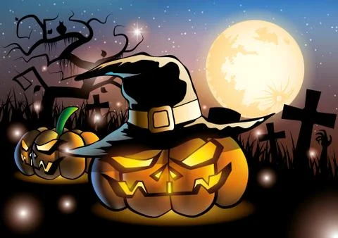 Halloween pumpkins on night fullmoon Stock-Illustration