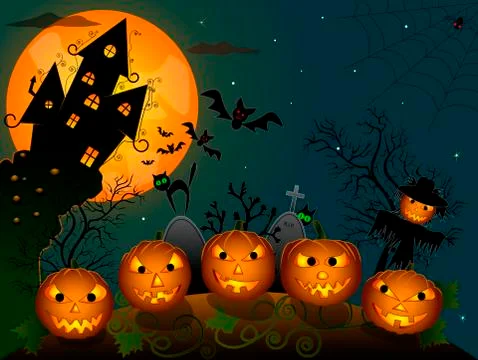 Halloween pumpkins at night Stock Illustration