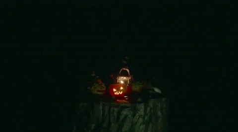 Halloween pumpkins over a tree trunk with autumn decoration Video stock 55850373