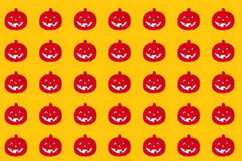 Halloween pumpkins pattern. Many scary pumpkin faces background Ilustração Stock