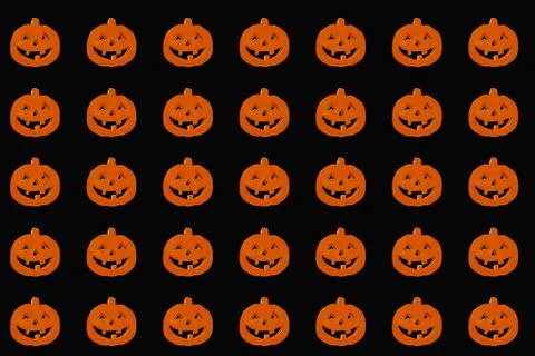 Halloween pumpkins pattern. Many scary pumpkin faces background Ilustração Stock