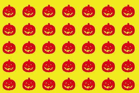 Halloween pumpkins pattern. Many scary pumpkin faces background Ilustração Stock