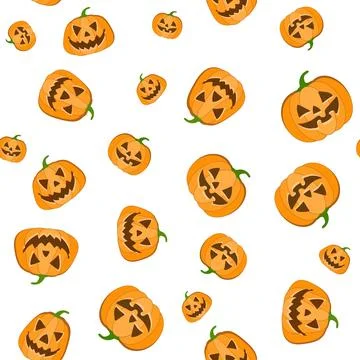 Halloween pumpkins seamless pattern. Flat orange pumpkins with carved scary Illustrazione stock