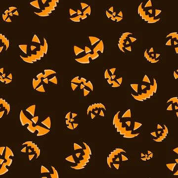 Halloween pumpkins seamless pattern. Flat pumpkins with carved scary smiling Stock Illustration