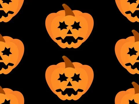 Halloween pumpkins seamless pattern. Halloween carved pumpkin face on black.. Stock Illustration