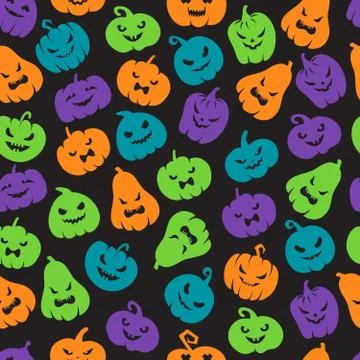 Halloween pumpkins seamless pattern. Scary jack o lantern face silhouettes Illustrazione stock