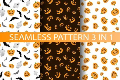 Halloween pumpkins seamless pattern, set 3 in 1. Flat orange pumpkins with Stock Illustration