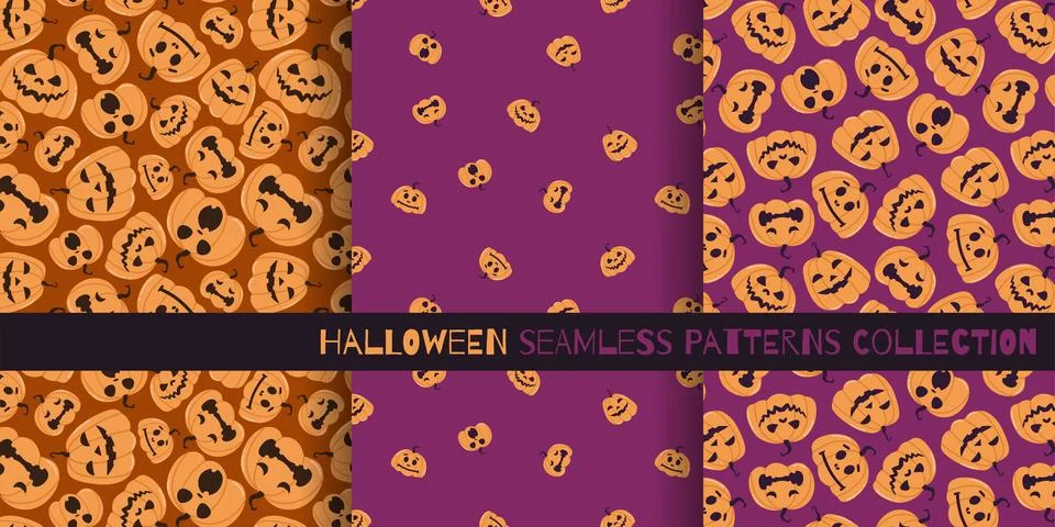 Halloween pumpkins seamless patterns collection. Ornament with pumpkins wit.. Stock Illustration