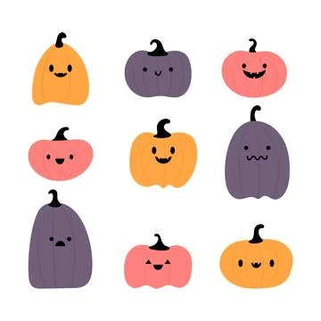 Halloween pumpkins set. Monsters faces. Design elements for logo, banner, l.. Stock Illustration