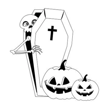Halloween pumpkins with skeleton in coffin Stock Illustration