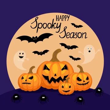 Halloween pumpkins with spooky faces, ghosts, bats and spiders Stock Illustration