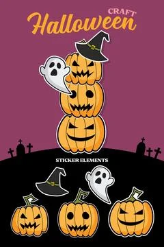 Halloween pumpkins stack doodle sticker elements. Stock Illustration