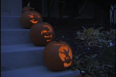 Halloween Pumpkins on Steps 1 Stock Footage 297666