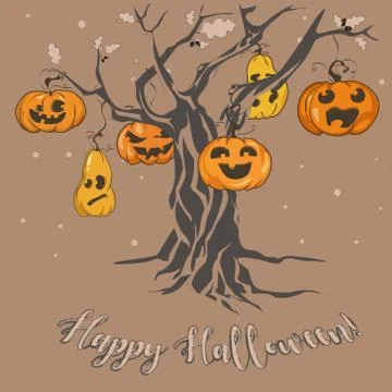 Halloween pumpkins on a tree Stock Illustration