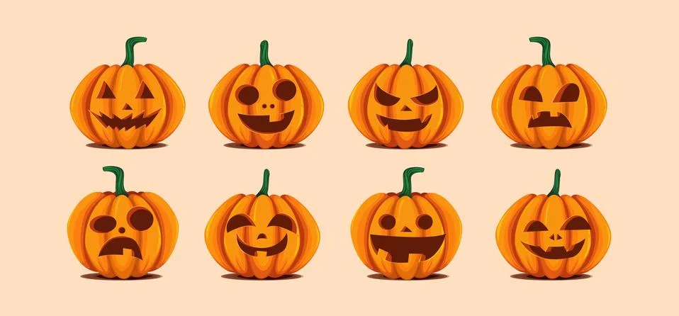 Halloween pumpkins in vector with set of different faces for icons and Illustrazione stock