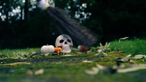 Halloween pumpkins with witch broomstick Stock Footage 255727699