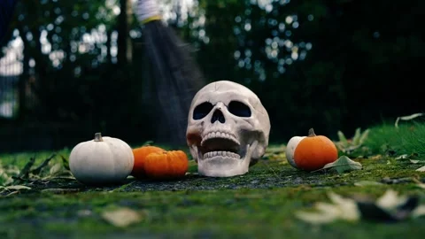 Halloween pumpkins with witch broomstick Stock Footage 256921839