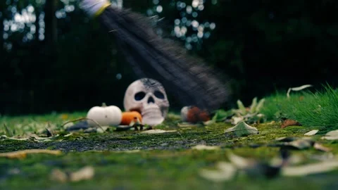 Halloween pumpkins with witch broomstick Stock Footage 257595962