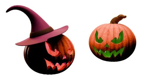Halloween pumpkins with witch hat and glowing faces on white background Stock Illustration