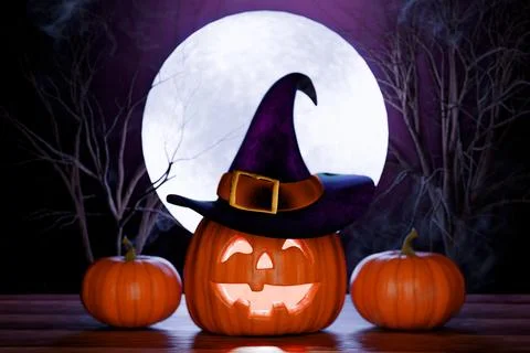 Halloween pumpkins with a witch hat in front of a full moon and spooky trees. Illustrazione stock