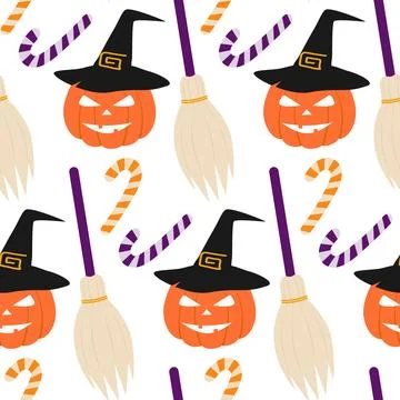 Halloween Pumpkins in Witch Hat Striped Candy Cane and Broom Seamless Patten Illustrazione stock