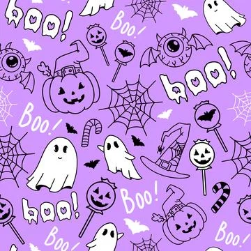 Halloween purple seamless pattern with pumpkins Stock Illustration