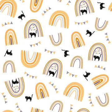 Halloween rainbow seamless pattern, simple hand drawn repeat illustration in Stock Illustration