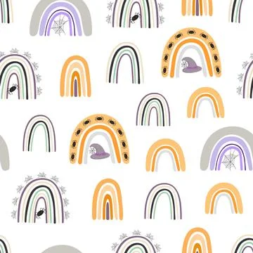Halloween rainbow seamless pattern, simple hand drawn repeat illustration in Stock Illustration