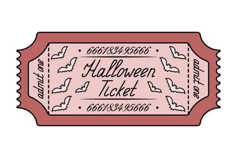 Halloween red ticket. Admit one. Bats. Handwritten cursive lettering. Stock Illustration
