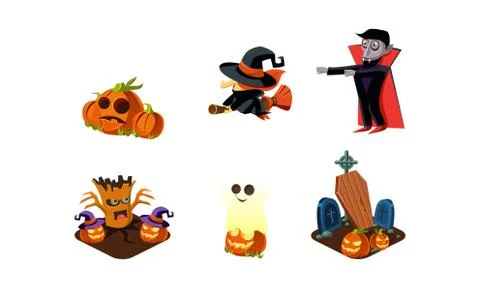 Halloween related objects and creatures set, zombie, scary pumpkin, witch on Illustrazione stock