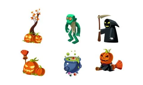 Halloween related objects and creatures set, zombie, scary pumpkin, death with Illustrazione stock