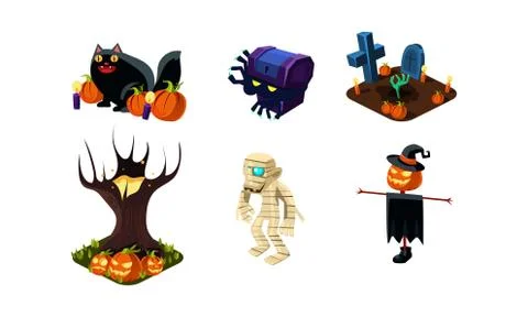 Halloween related objects and creatures set, user interface assets for mobile Illustrazione stock