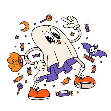 Halloween Retro cartoon cute candy picker ghost. Vector illustration design on Illustrazione stock