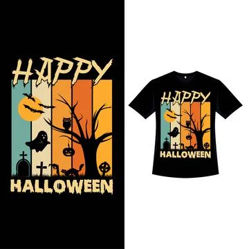 Halloween retro color T-shirt design with a dead tree silhouette. Halloween f Stock Illustration
