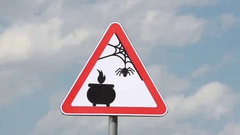 Halloween Road Sign - With Pot with Magic Flame, Web, Spider. Stock Footage 80165304