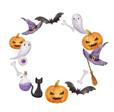 Halloween round frame with bat, ghost and pumpkin. Watercolor Drawing wreath Stock Illustration