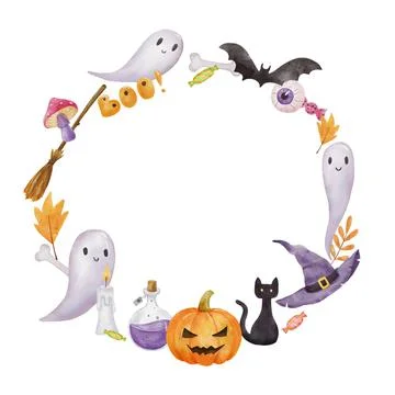 Halloween round frame with bat, ghost and pumpkin. Watercolor Drawing wreath Stock Illustration