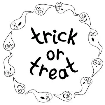 Halloween round frame with ghosts. Trick or treat - lettering. Holiday border Stock Illustration